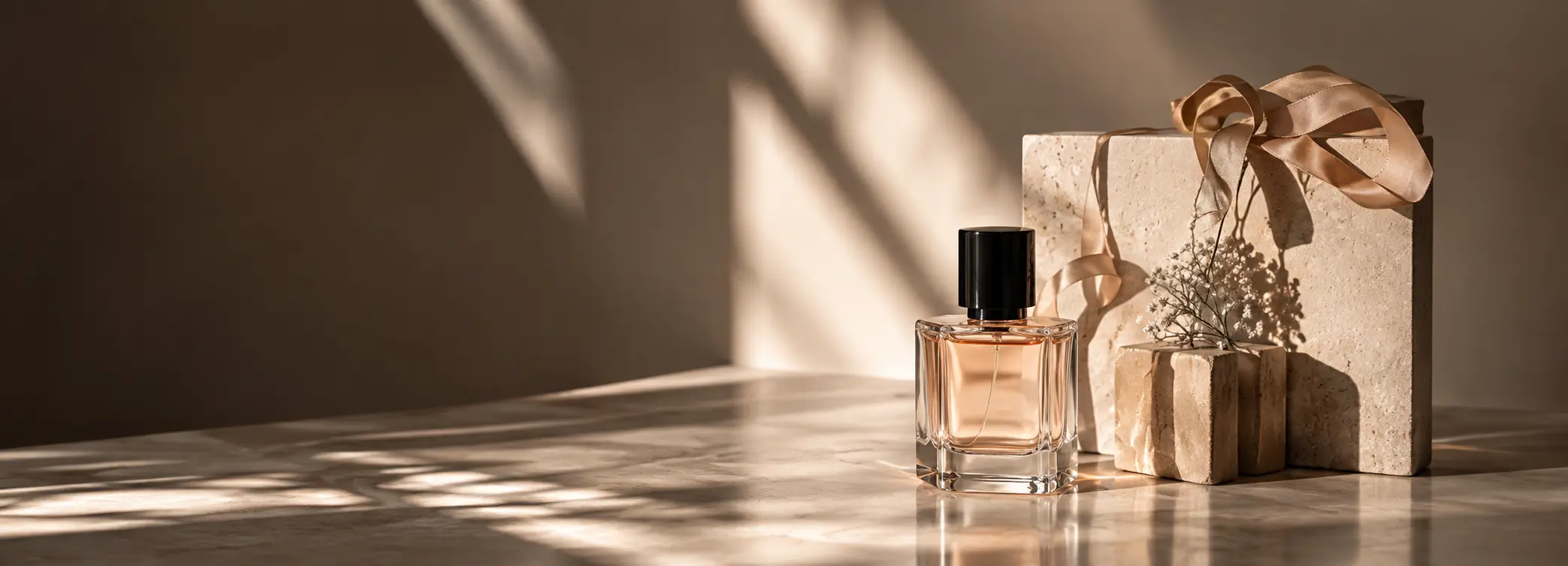 Amber perfume bottle surrounded by natural textures